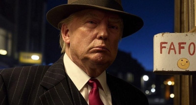Donald Trump in a pinstripe suit and fedora.