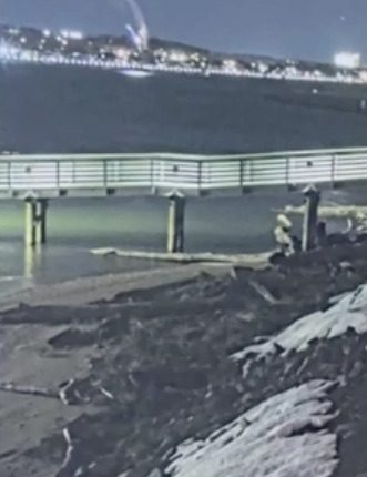 Video still showing debris near a pier after a midair collision.