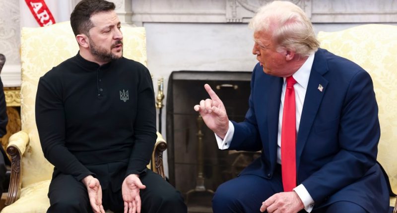 Presidents Trump and Zelenskyy meeting in the Oval Office.