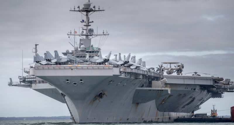 USS Harry S. Truman aircraft carrier docked in Portsmouth, England.