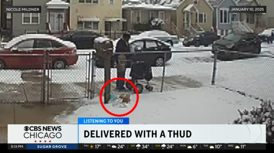 Security camera footage of a mail carrier throwing a package in the snow.