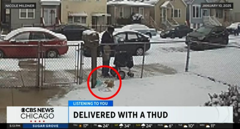 Security camera footage of a mail carrier throwing a package in the snow.