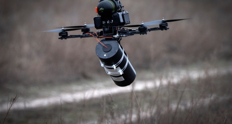 Ukrainian-made FPV fiber optic drone in flight.