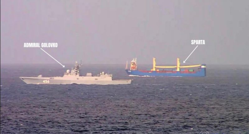 Photo of Russian ships Admiral Golovko and Sparta at sea.