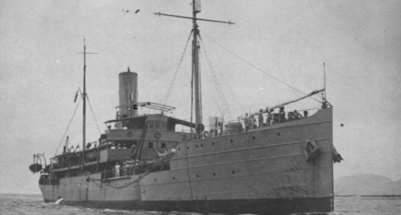 Black and white photo of the Vital de Oliveira, a Brazilian Navy troop ship sunk during WWII.