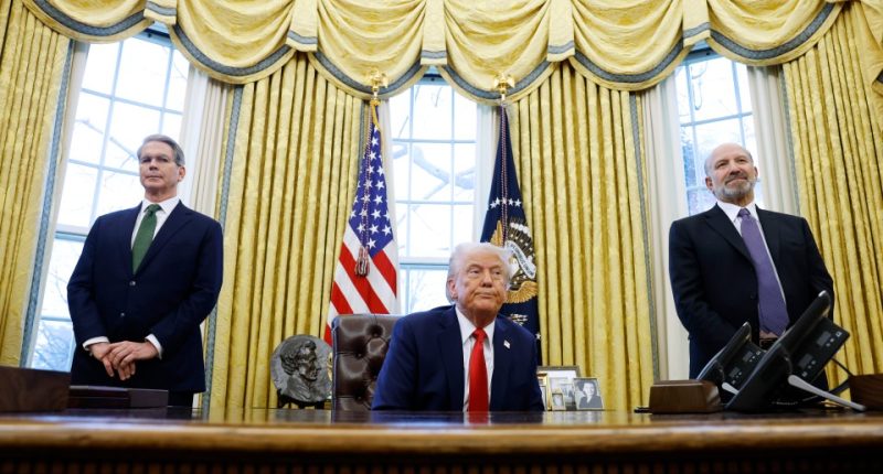 President Trump with Scott Bessent and Howard Lutnick in the Oval Office.