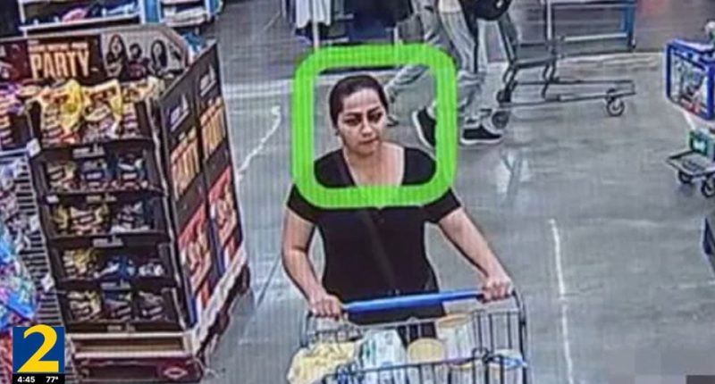 Surveillance image of a woman in a Walmart pushing a shopping cart.