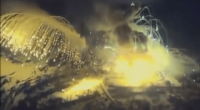 Volcanic eruption at night.