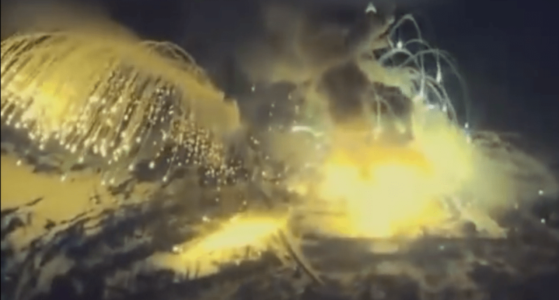 Volcanic eruption at night.