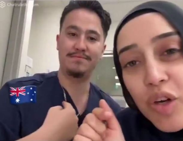 Screenshot of Ahmad Rashad Nadir and Sarah Abu Lebdeh, two Bankstown Hospital employees, in a video making antisemitic remarks.