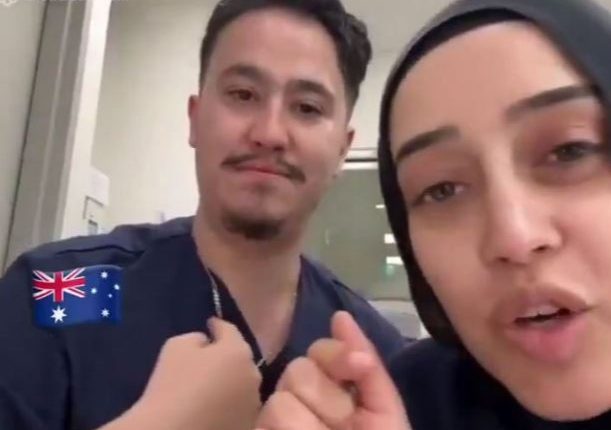 Screenshot of Ahmad Rashad Nadir and Sarah Abu Lebdeh, two Bankstown Hospital employees, in a video making antisemitic remarks.
