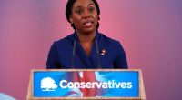 Kemi Badenoch, new leader of the UK's Conservative Party, speaking at a podium.