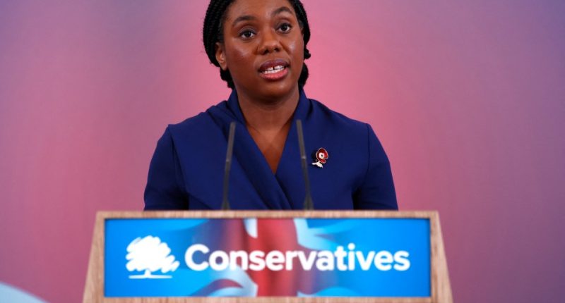 Kemi Badenoch, new leader of the UK's Conservative Party, speaking at a podium.