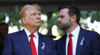 Donald Trump and a man in suits talking.