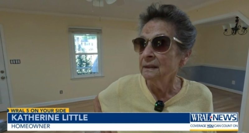 Homeowner Katherine Little in her damaged home.