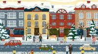 Illustration of a snow-covered town street with people walking and cars driving.