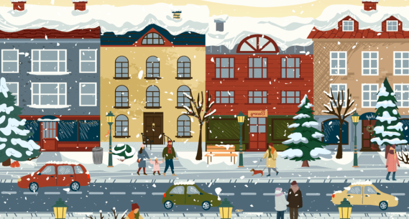 Illustration of a snow-covered town street with people walking and cars driving.