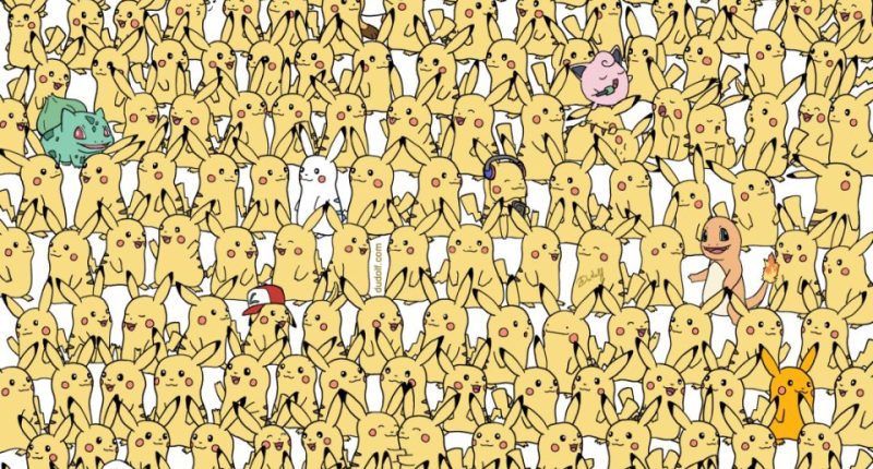 Illustration of many Pikachus with three hidden bananas.