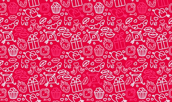 Illustration of a Valentine's Day pattern with hearts, lips, Cupid's bows, and gifts.