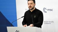 Volodymyr Zelensky speaking at the Munich Security Conference.