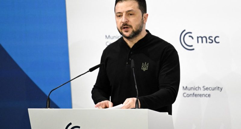 Volodymyr Zelensky speaking at the Munich Security Conference.