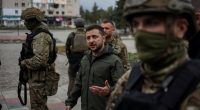 President Zelenskyy speaks with Ukrainian soldiers in Izium.