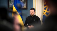 Volodymyr Zelensky at a press briefing in Kyiv.