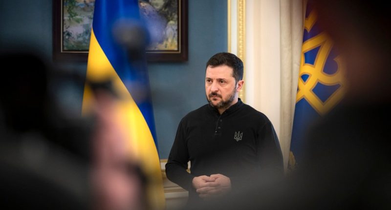 Volodymyr Zelensky at a press briefing in Kyiv.