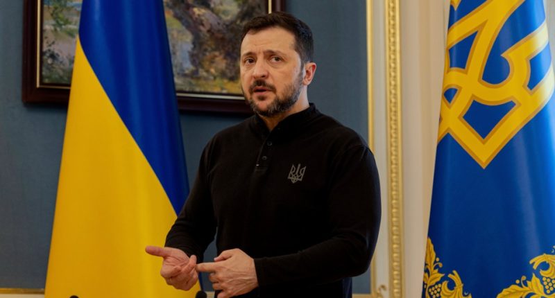 Volodymyr Zelenskyy giving a press conference.