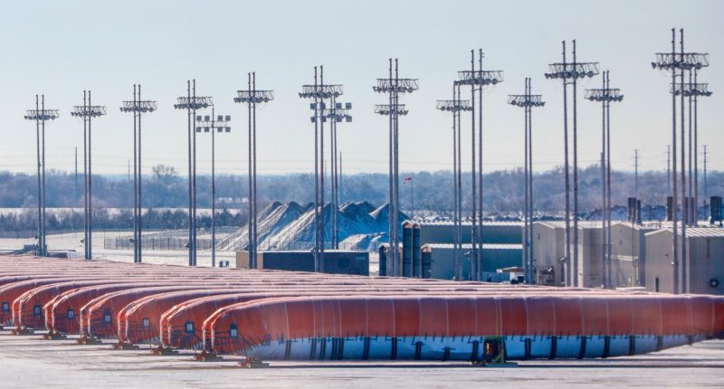 FILE - In this undated photo Boeing 737 Max fuselages sit on a tarmac outside of the Spirit AeroSystems