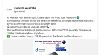 A screenshot of an ad like the one Hibbs fell for, hosted by a fake Diabetes Australia Facebook page.