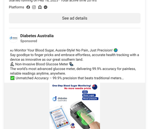 A screenshot of an ad like the one Hibbs fell for, hosted by a fake Diabetes Australia Facebook page.