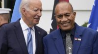 President Joe Biden talks with Kiribati's President Taneti Maamau as they stand for a family photo with Pacific Islands Forum leaders at the White House in Washington, in 2023