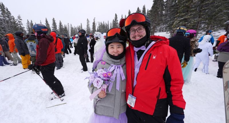 Dozens of couples get hitched at snowy Colorado ski resort on Valentine's Day