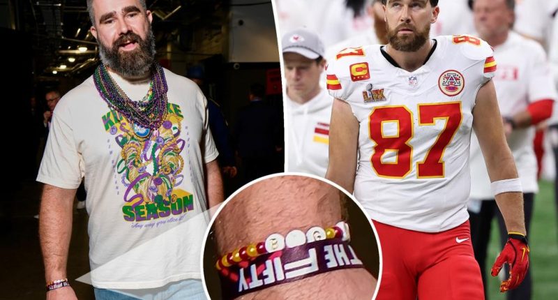 Jason Kelce reps brother Travis at Super Bowl 2025 with ‘Big Yeti’ friendship bracelet (and Mardi Gras beads galore)