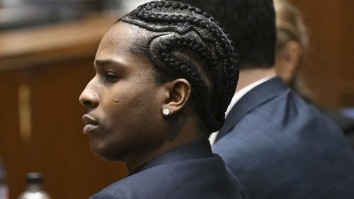 A$AP Rocky listens to closing arguments during his trial in Los Angeles, Friday, Feb. 14, 2024. (Patrick T. Fallon/ Pool Photo via AP)