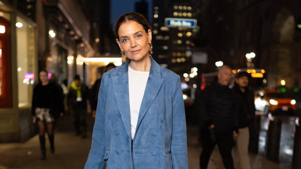 Katie Holmes sports blue suede blazer at L'AGENCE presentation at NYFW