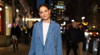 Katie Holmes sports blue suede blazer at L'AGENCE presentation at NYFW