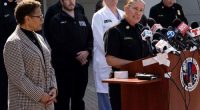 Los Angeles Mayor Karen Bass, left, looks on as Los Angeles Fire Department Chief Kristin Crowley talks during a news conference at Harbor–UCLA Medical Center in the West Carson area of Los Angeles in February 2024.