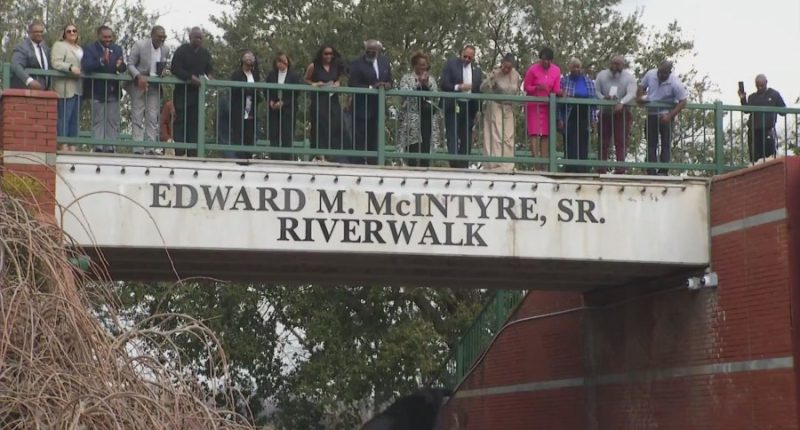 New Riverwalk sign honoring Ed McIntyre unveiled