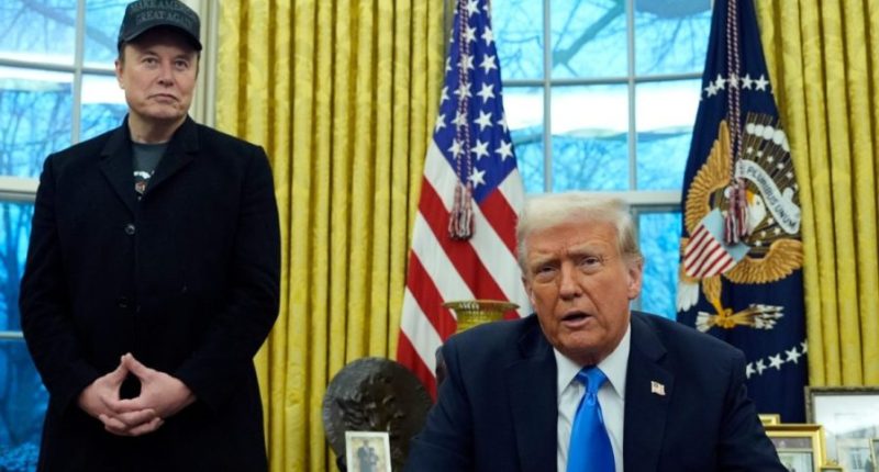 President Donald Trump speaks as he is joined by Elon Musk, and his son X Æ A-Xii, in the Oval Office at the White House, Tuesday, Feb. 11, 2025, in Washington. (Photo/Alex Brandon)