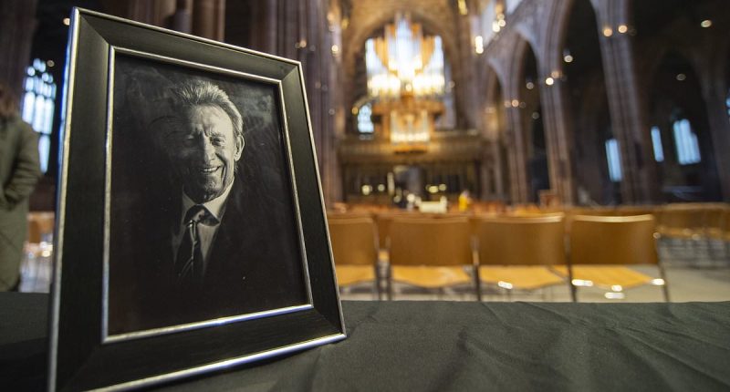 Sir Alex Ferguson and Gary Neville join past and present Man United stars to pay respects at funeral of Denis Law - as fans gather at Manchester Cathedral to mourn club legend