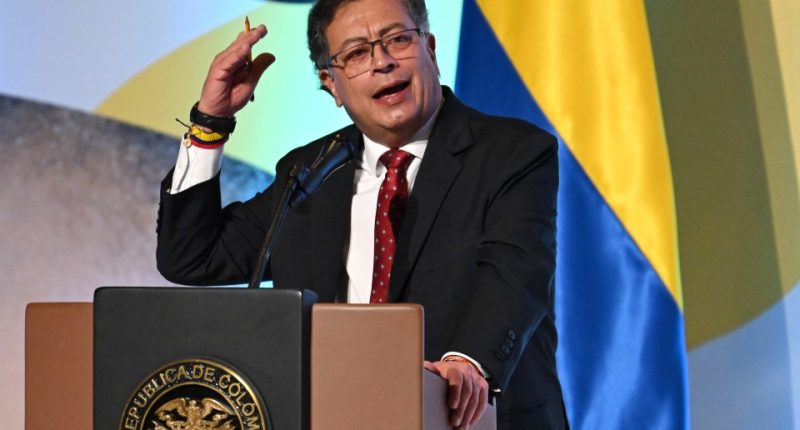 Colombian President Gustavo Petro speaking at a podium.