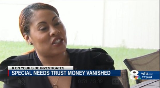 A woman speaks to a reporter about her daughter's missing trust fund.