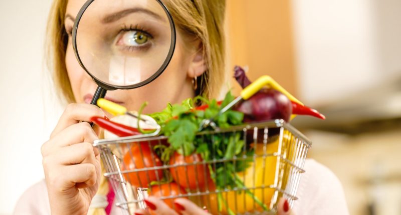 Woman using magnifying glass loupe, investigating shopping basket with many colorful vegetables. Healthy eating lifestyle, nutrients vegetarian food, searching for pesticides and chemicals.
