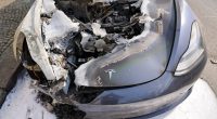 Burned-out Tesla car in Berlin.