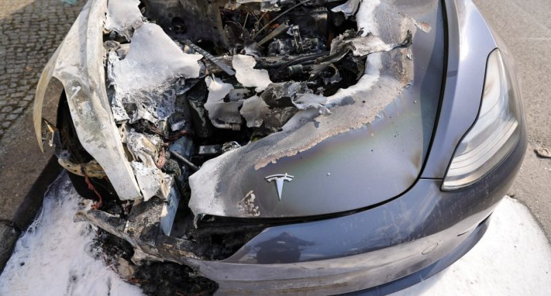 Burned-out Tesla car in Berlin.