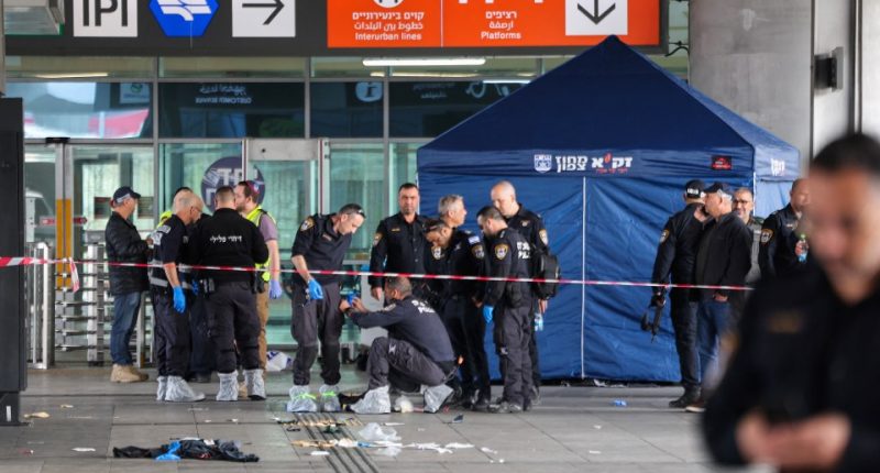 Israeli security and emergency services at the scene of a stabbing attack.