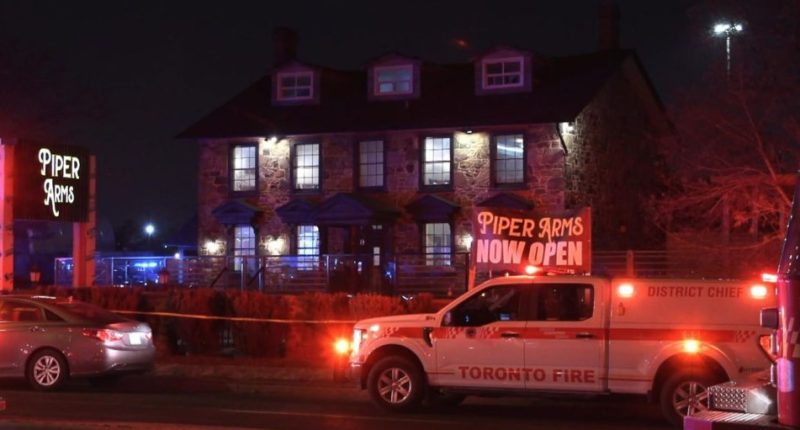 Emergency vehicles outside Piper Arms restaurant following a shooting that injured at least twelve people.