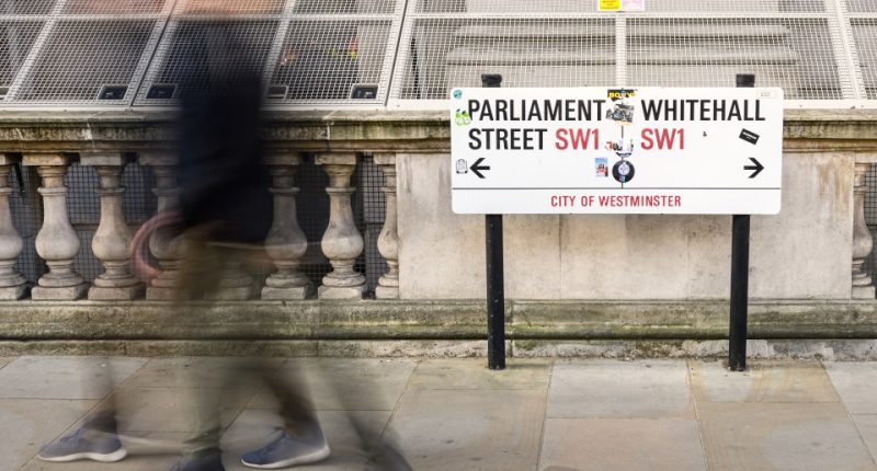 A blurred person walks past a street sign for Parliament Street and Whitehall in London.